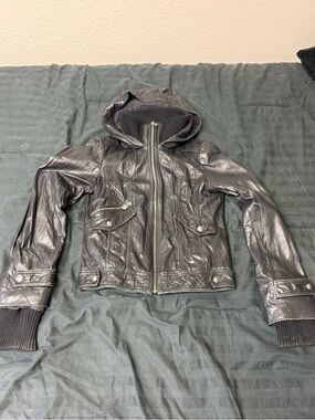 Guess Black Leather Jacket with Red, White & Blue Plaid Lining